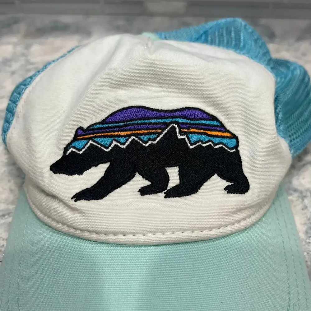 Patagonia Fitz Roy Bear Trucker Hat Snapback Cap Teal Blue White Mesh Vintage